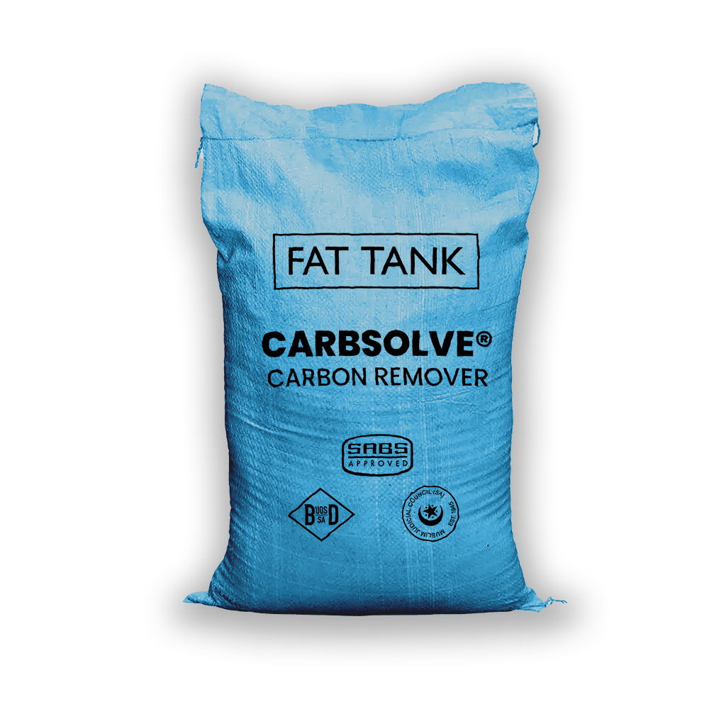 Blue bag labeled "FAT TANK CARBSOLVE® CARBON REMOVER," designed for cleaning smut and carbon from cookware, featuring certification logos for quality and compliance.